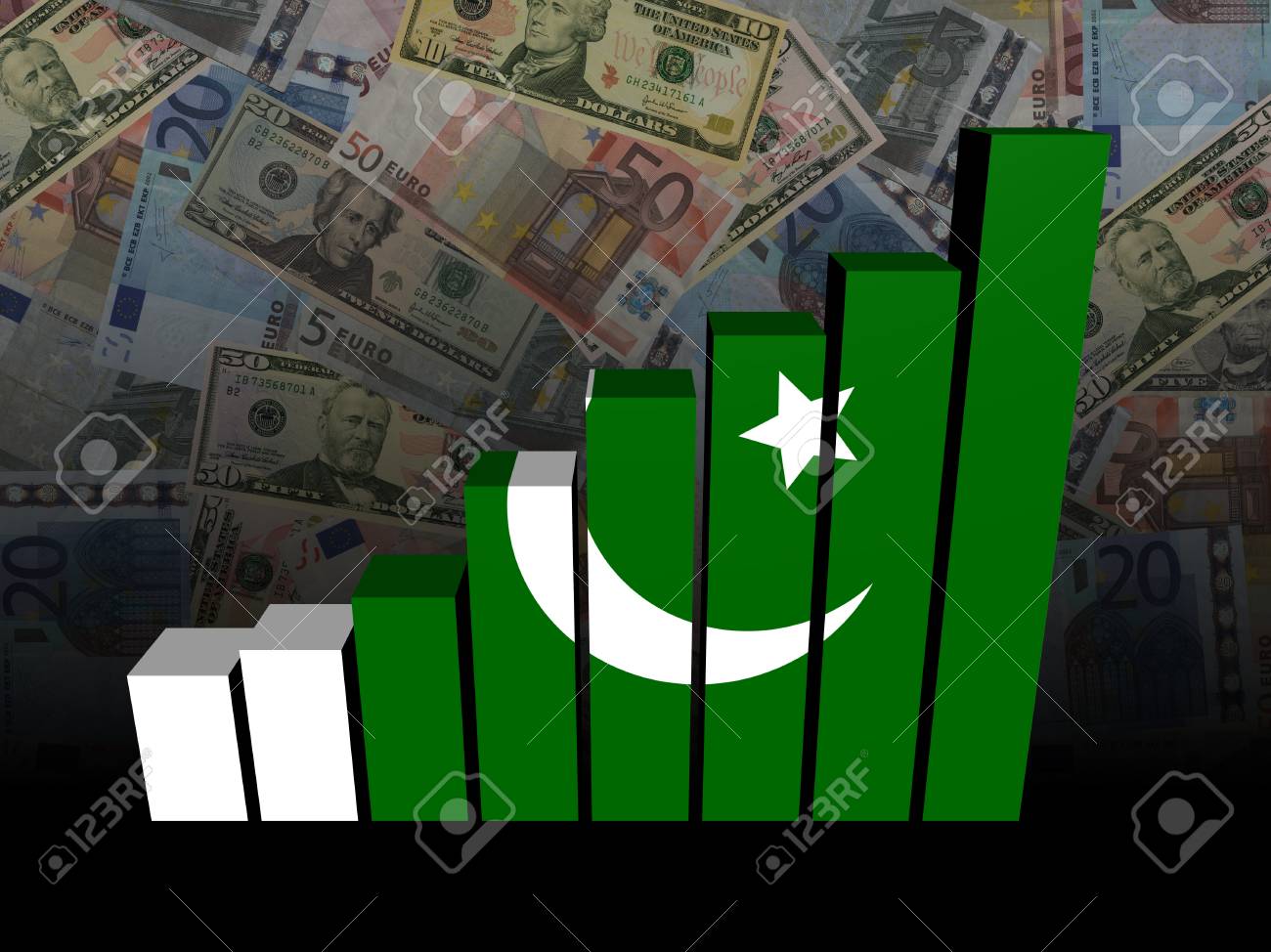 Pakistan Flag Bar Chart Over Euros And Dollars Illustration Stock Photo Picture And Royalty Free Image Image 57974929