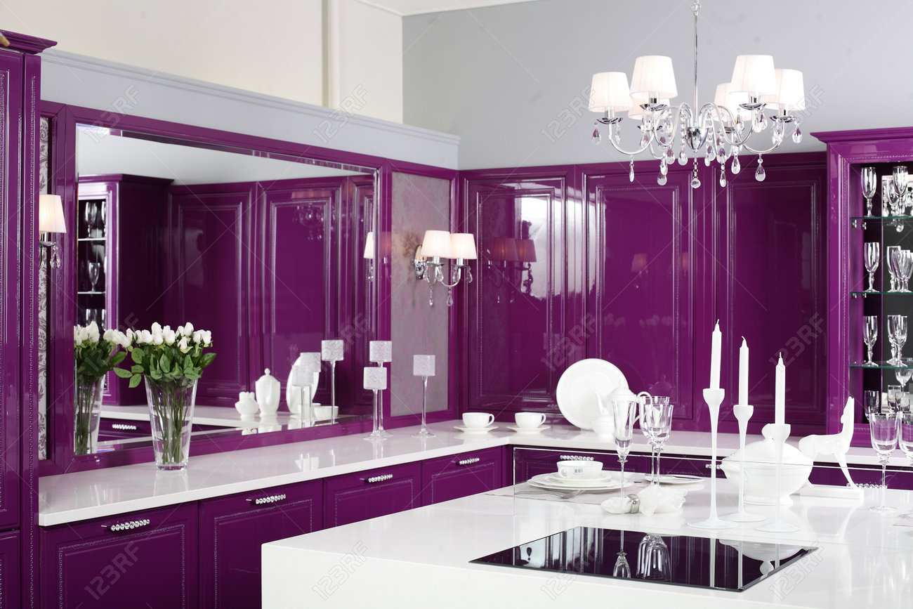 luxury purple kitchen interior with modern furniture stock photo luxury purple kitchen interior with modern furniture stock photo