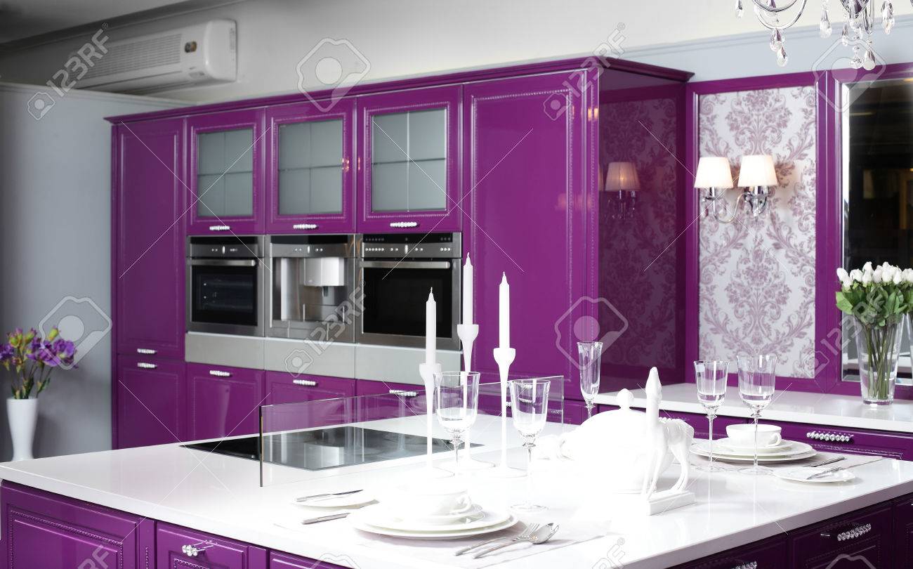 luxury purple kitchen interior with modern furniture stock photo luxury purple kitchen interior with modern furniture stock photo
