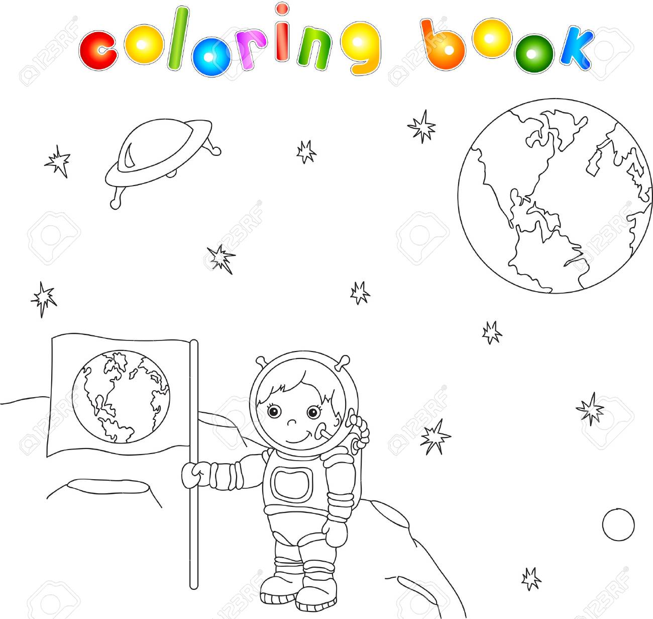 地球国旗塗り絵スペースで月面上で宇宙飛行士 のイラスト素材 ベクタ Image