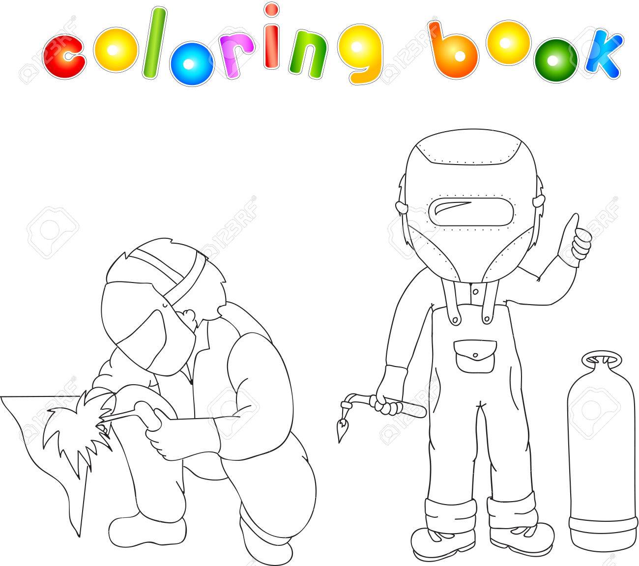 Soudeur Dans Le Masque Et La Robe Avec Un Bruleur A Gaz Dans Sa Bouteille A La Main Et De Gaz Pres De Lui Livre De Coloriage Vector Illustration Clip Art Libres