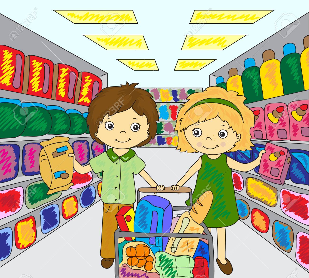 Un ragazzo e una ragazza stanno shopping in un negozio illustrazione Archivio Fotografico