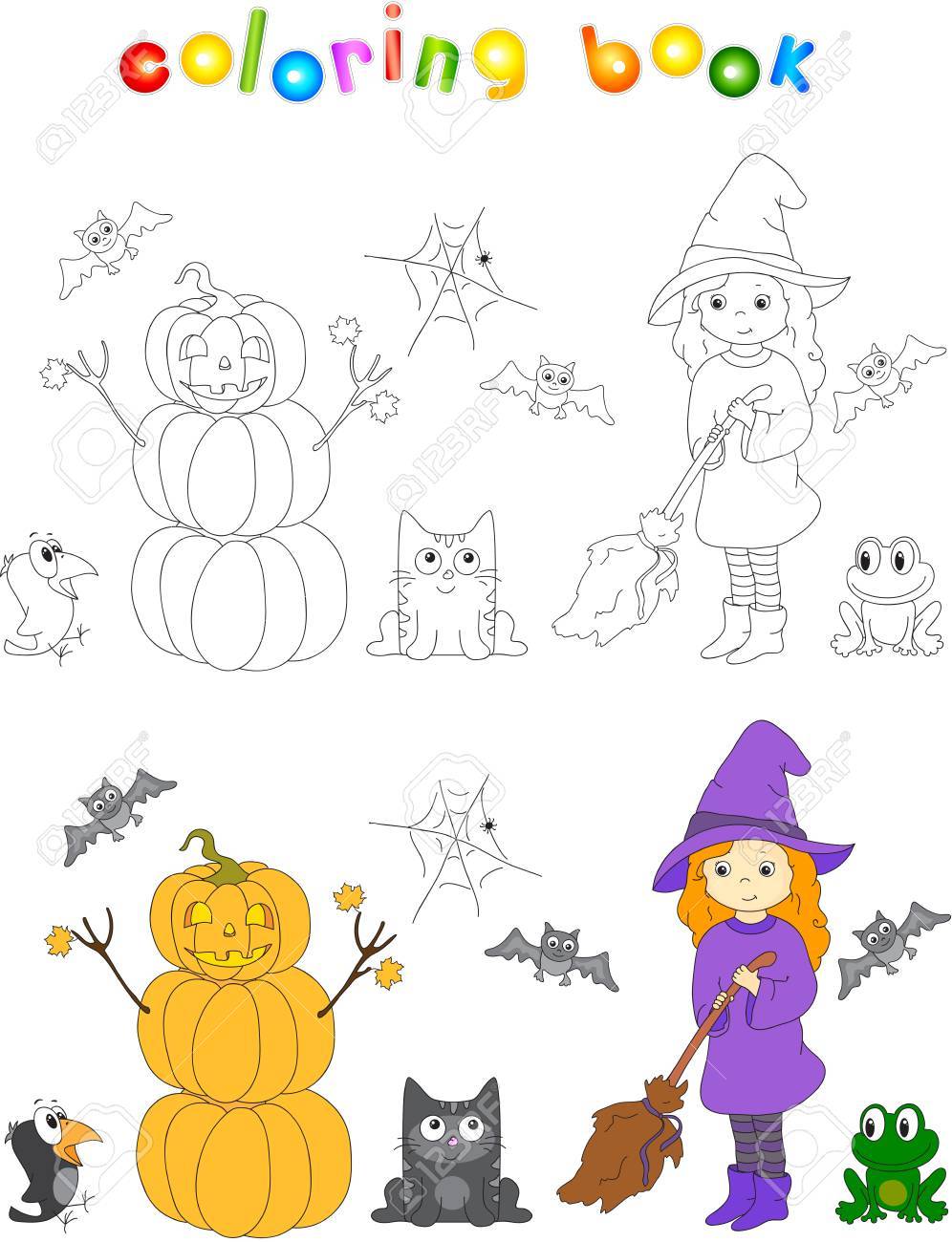 Jolie Sorcière Sympathique Avec Un Balai Un Bonhomme Citrouille Un Corbeau Surpris Des Chauves Souris Un Chat Noir Et Une Grenouille Livre De