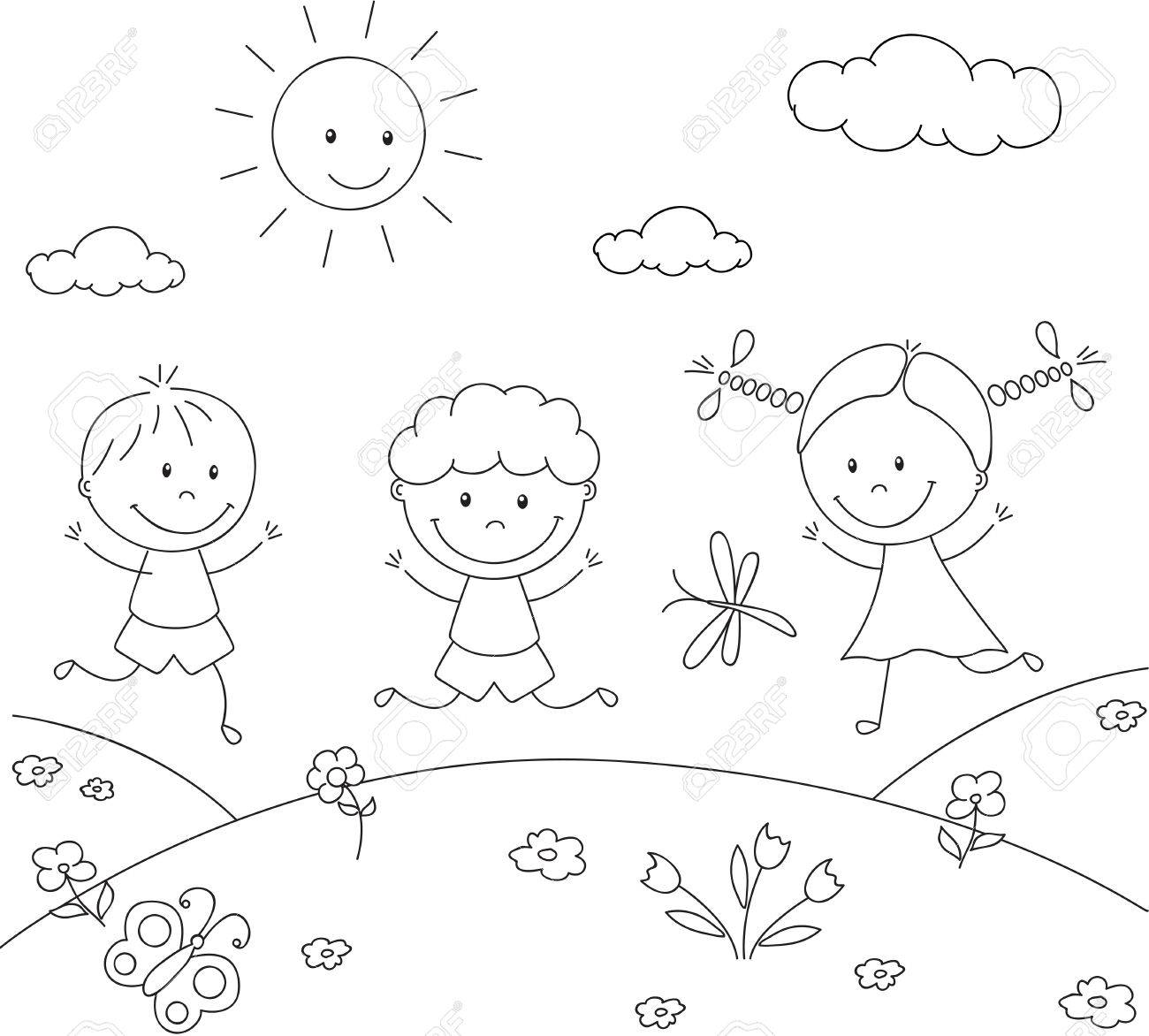 男の子と女の子は 草原で遊ぶ 塗り絵 ベクトル図 のイラスト素材 ベクタ Image