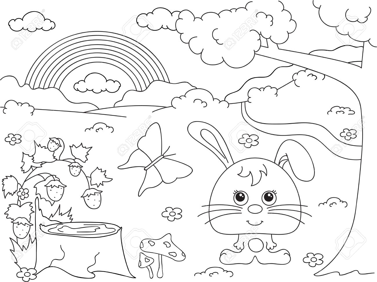 ウサギ スタブ イチゴ 蝶 木々 虹や花の森の空き地 塗り絵 ベクトル図のイラスト素材 ベクタ Image 49364094