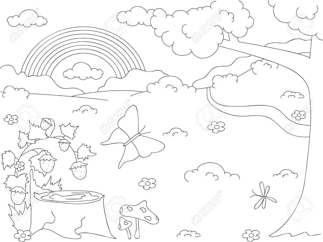 スタブ イチゴ 蝶 木 虹花と森の空き地 塗り絵 ベクトル図 のイラスト素材 ベクタ Image 49364189