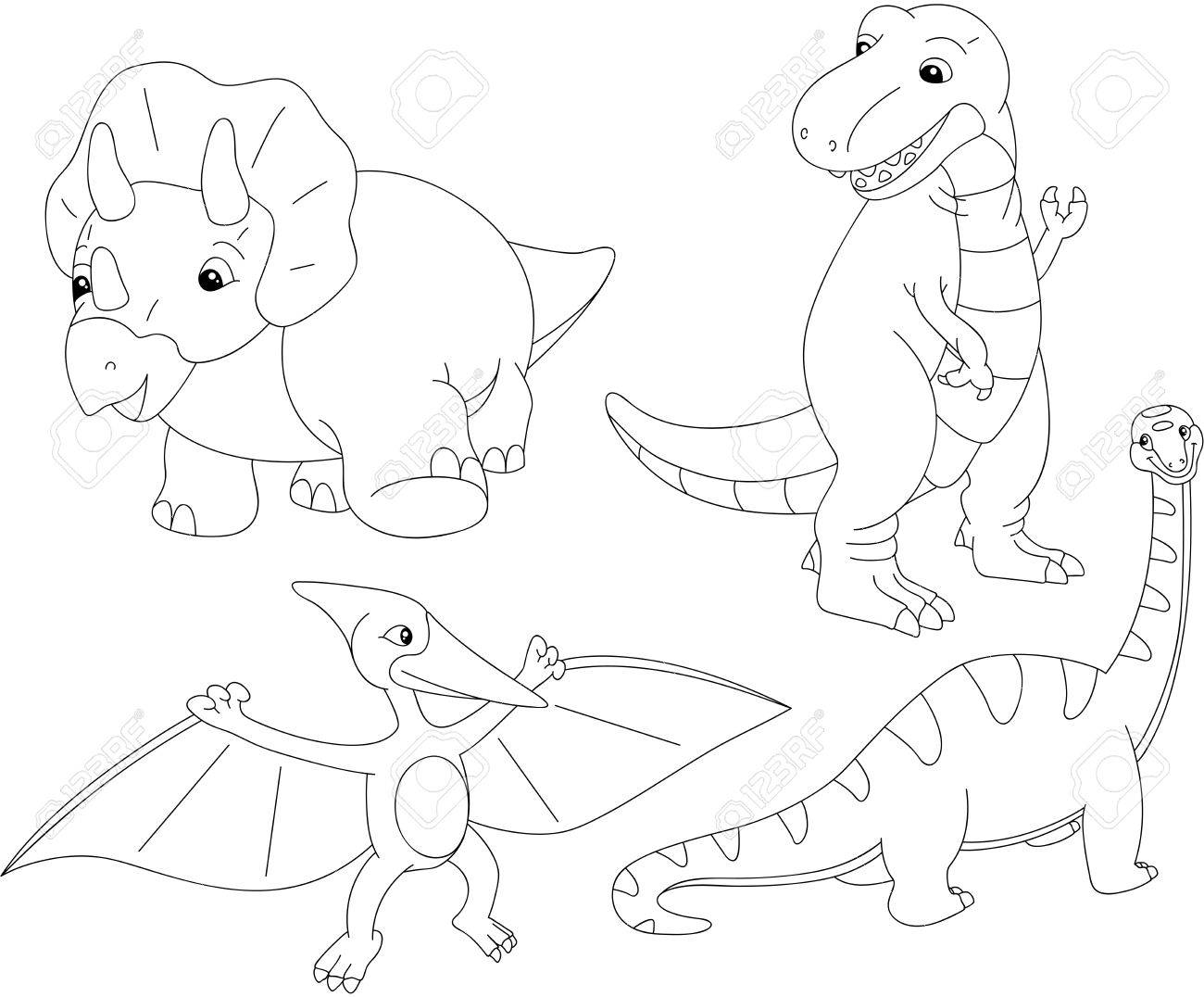 ディプロドクスやティラノサウルス テロダクティル トリケラトプスのセットです 子供のための塗り絵 ベクトル図 のイラスト素材 ベクタ Image