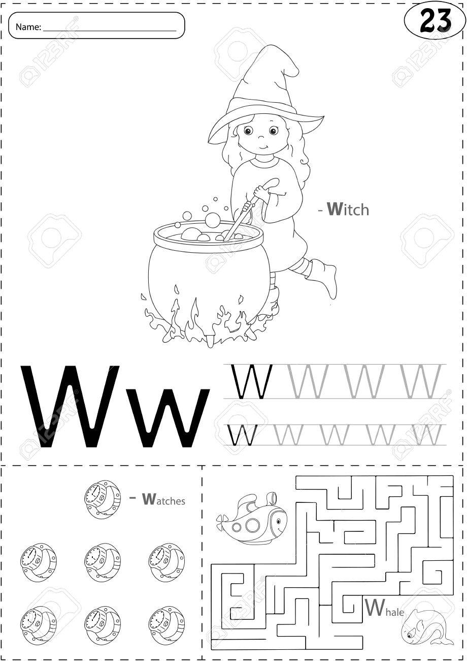 漫画の魔法使い 時計 クジラ トレース ワークシートのアルファベット A Z を書いて 子供のための本と教育的なゲームを着色のイラスト素材 ベクタ Image