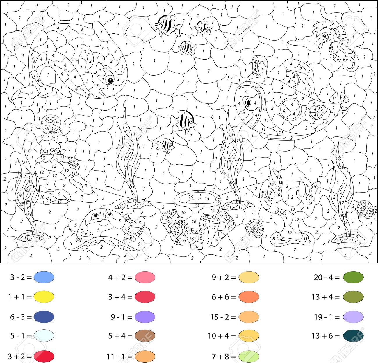 Monde Sous Marin Fond De Locéan Avec Le Poulpe Sous Marins Des Baleines Des Poissons Des Coraux Et Des Coquillages Couleur Par Numéro Jeu