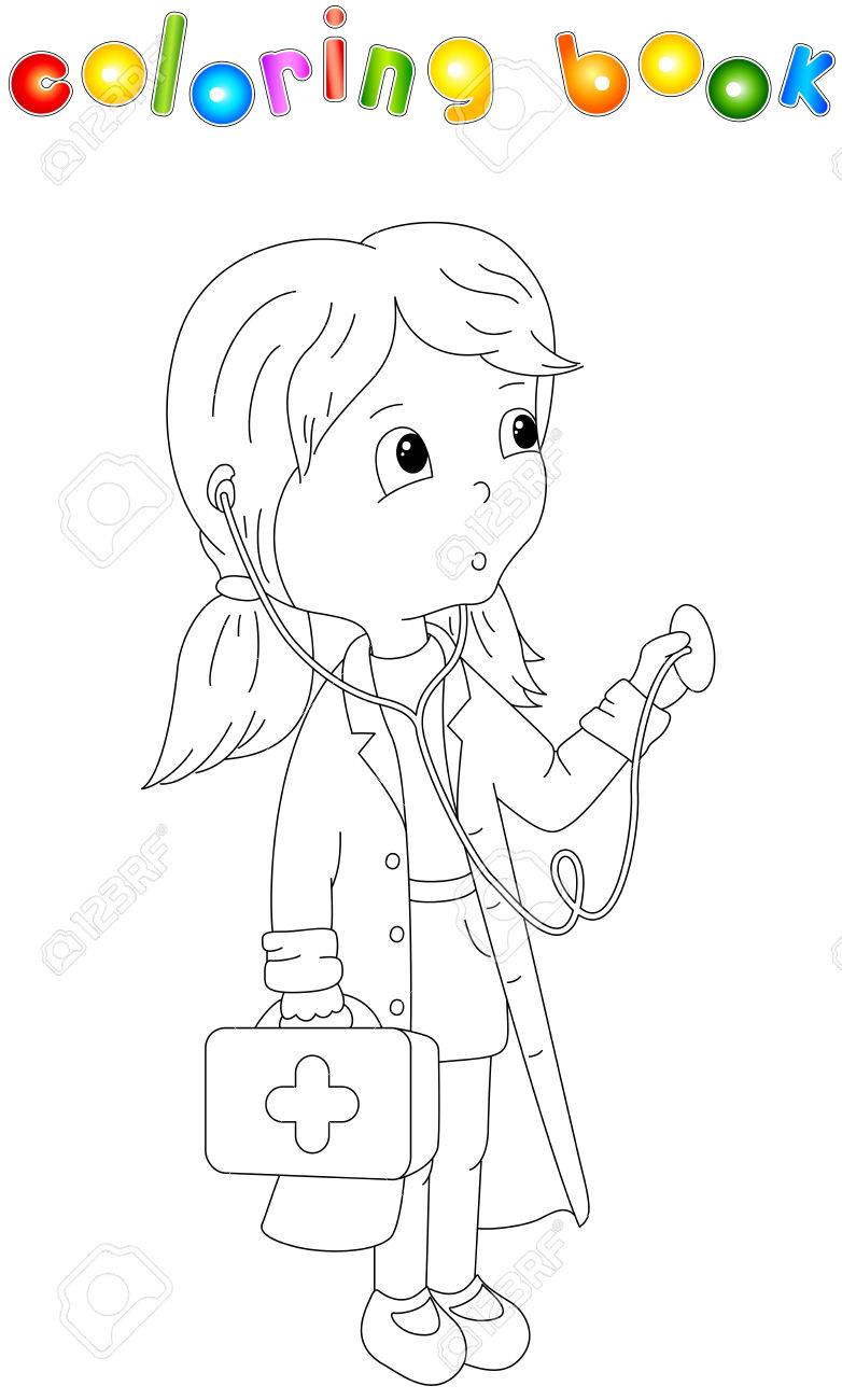 Medecin Mignon De Bande Dessinee Avec Un Stethoscope Livre De Coloriage Pour Les Enfants Clip Art Libres De Droits Vecteurs Et Illustration Image 56397885