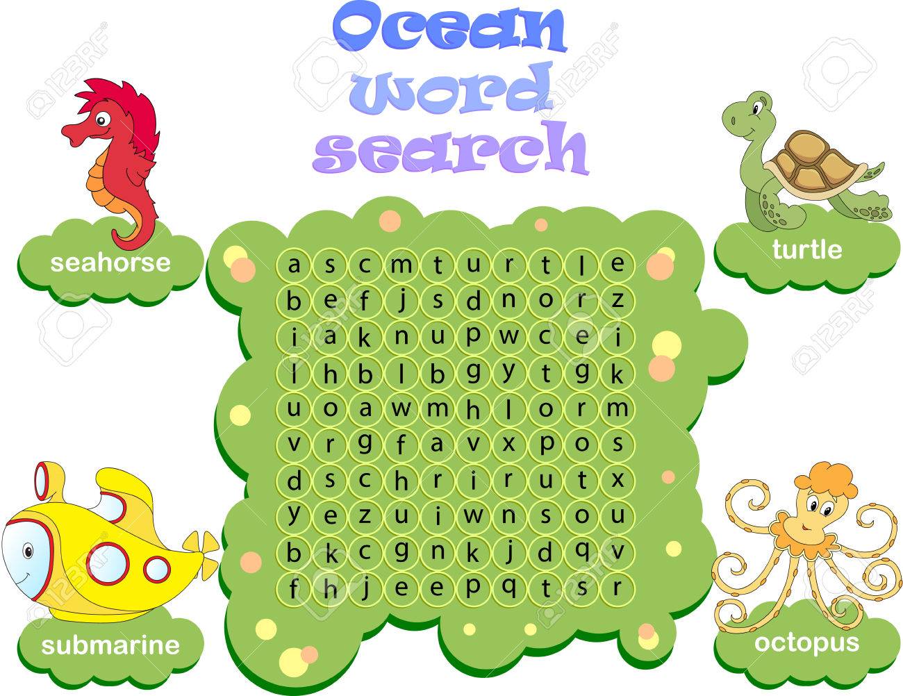 ロジックの英語学習ゲーム 水平または垂直線で隠された海の単語を検索します のイラスト素材 ベクタ Image