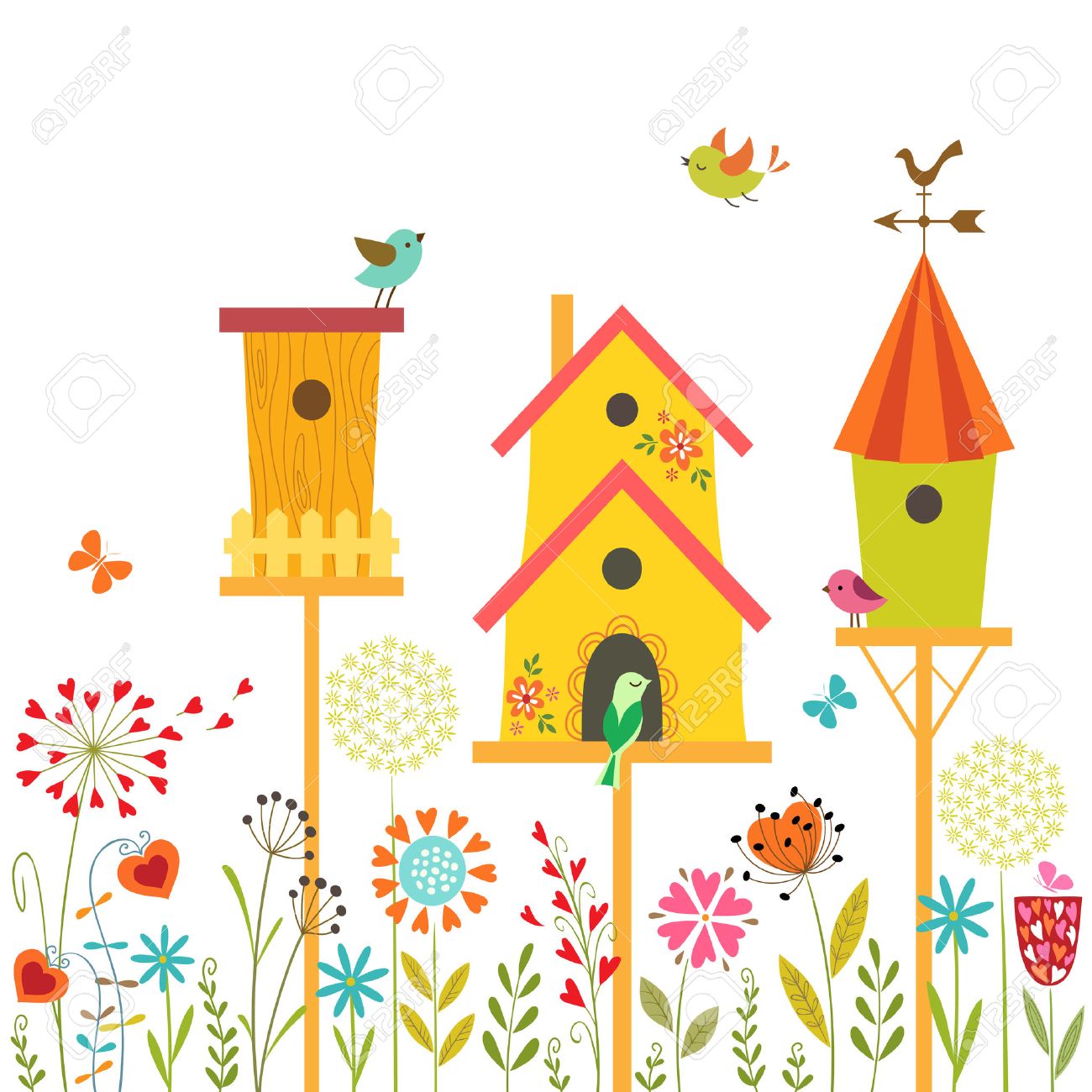 Cute illustration with bird houses, hand drawn flowers and place for text - 27715133 Cute illustration with bird houses, hand drawn flowers and place for text - 27715133
