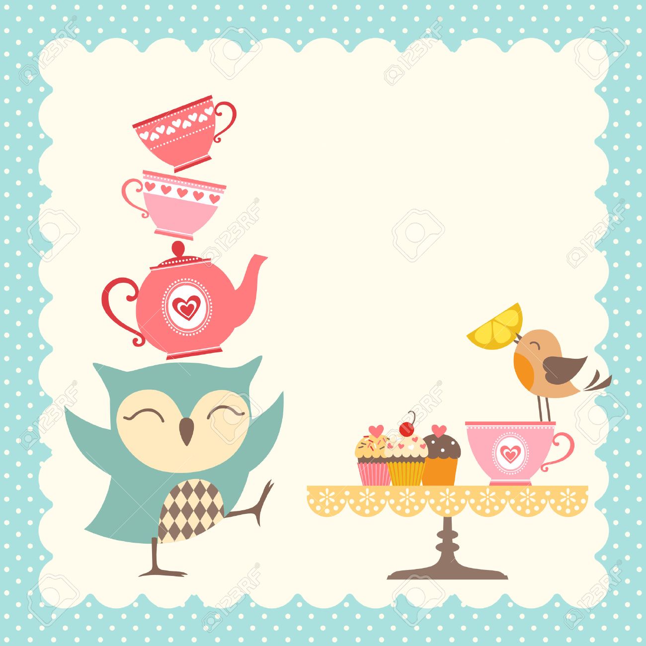 Funny owl giving a very good tea party. - 31060975 Funny owl giving a very good tea party. - 31060975