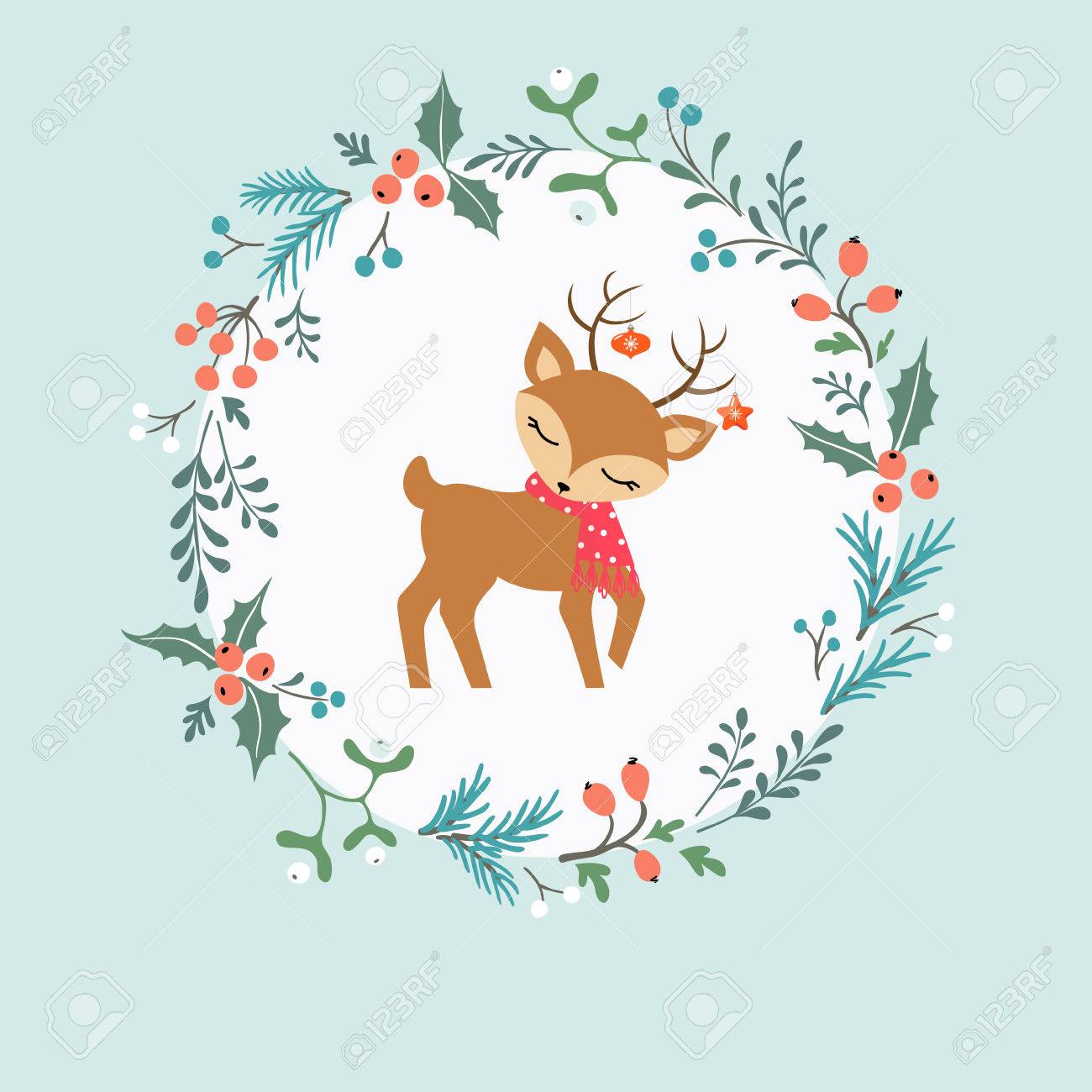 Christmas card with decorative wreath, cute deer and place for your text. - 33021419 Christmas card with decorative wreath, cute deer and place for your text. - 33021419