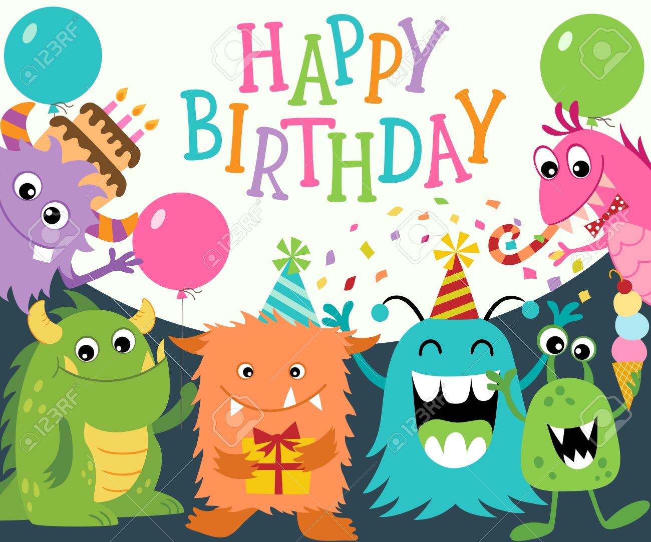 Birthday greeting card with funny cute monsters. Vector is cropped with Clipping Mask. - 34349123 Birthday greeting card with funny cute monsters. Vector is cropped with Clipping Mask. - 34349123