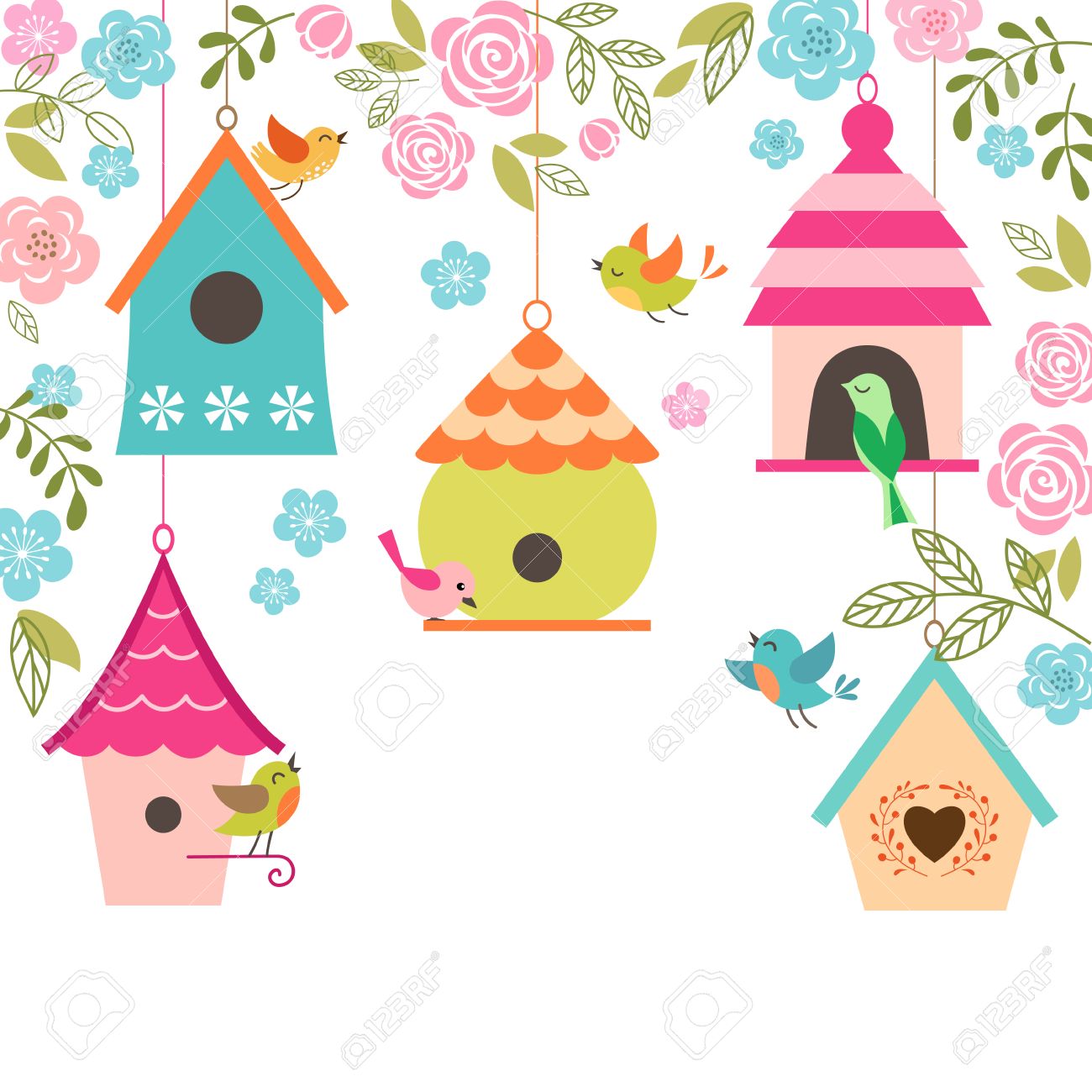 Spring illustration with birds, bird houses, flowers and place for your text. - 36207429 Spring illustration with birds, bird houses, flowers and place for your text. - 36207429