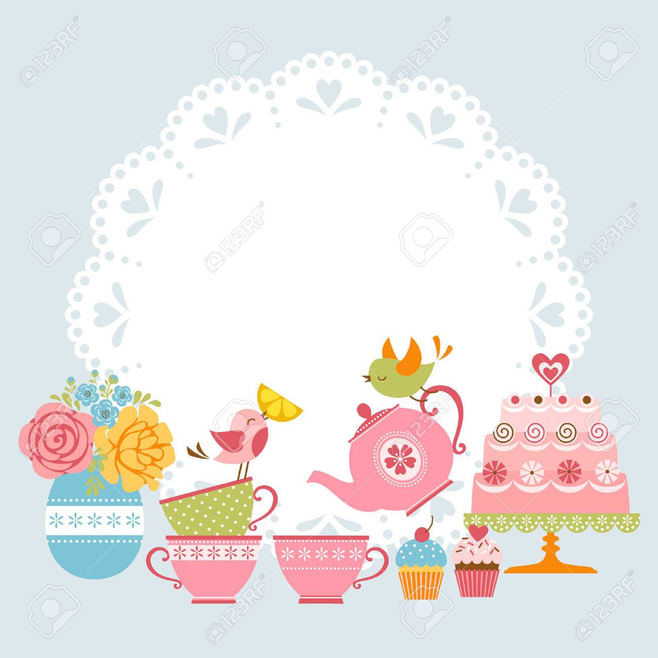 tea party invitation with cute birds and place for your text text party invitation