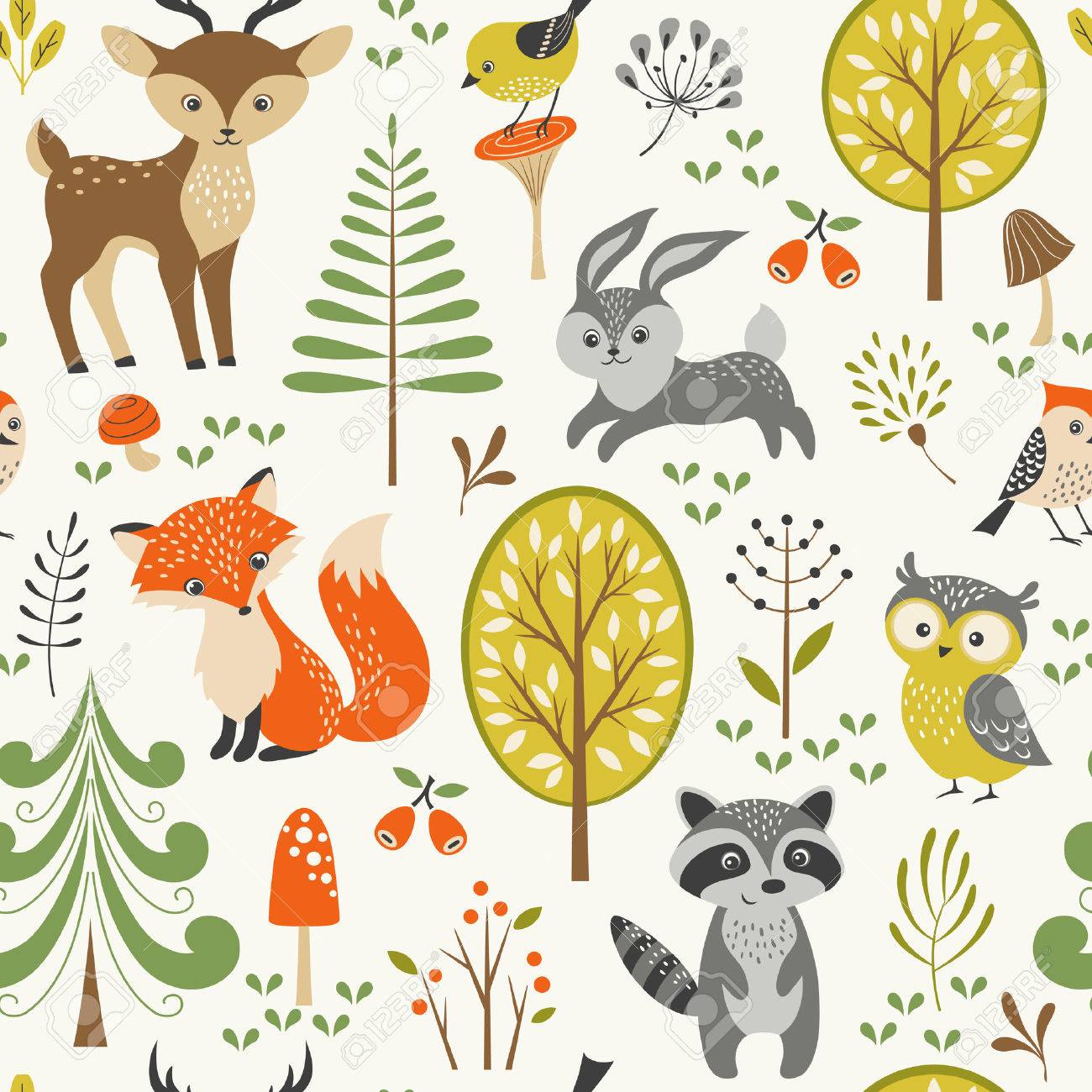 Seamless summer forest pattern with cute woodland animals, trees, mushrooms and berries. - 41214417 Seamless summer forest pattern with cute woodland animals, trees, mushrooms and berries. - 41214417