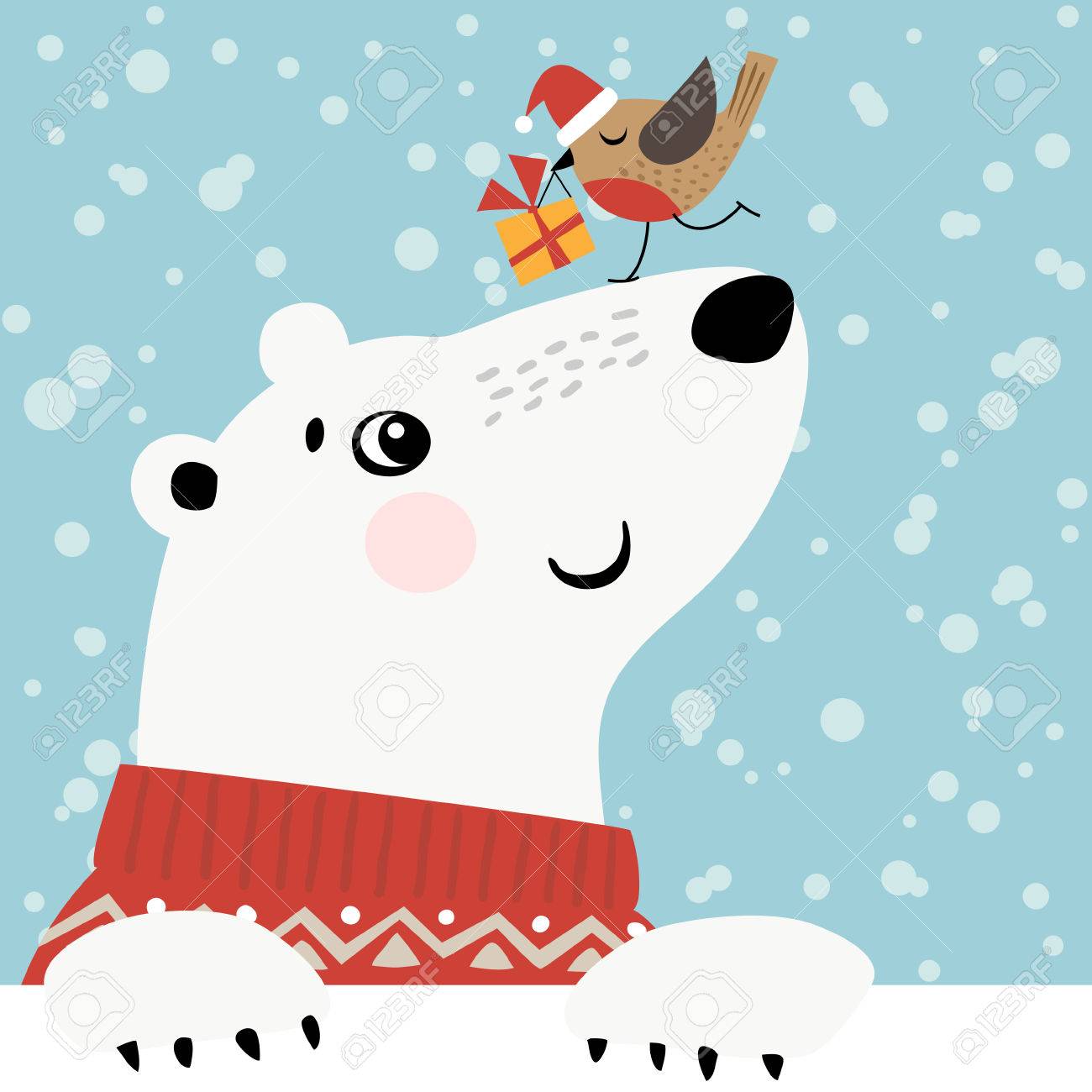 Christmas greeting card with polar bear and little bird. - 44418781 Christmas greeting card with polar bear and little bird. - 44418781