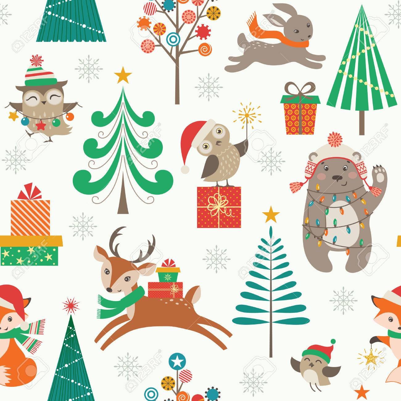 cute christmas pattern with woodland animals christmas trees