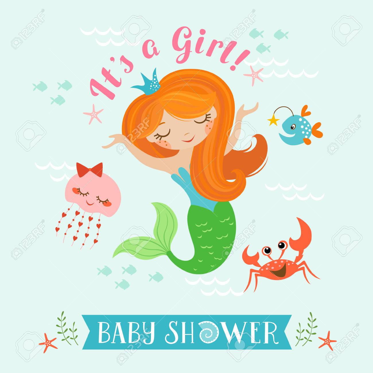 Conception De Douche De Bebe Mignon Pour Fille Avec Sirene Clip Art Libres De Droits Vecteurs Et Illustration Image