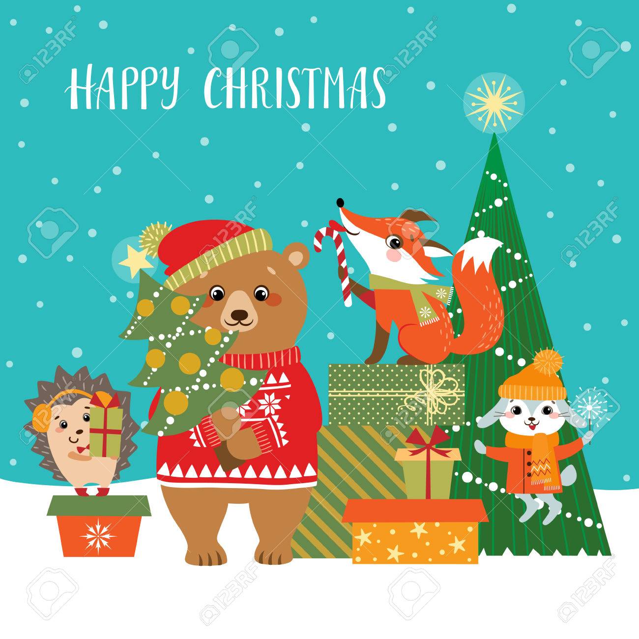Christmas greeting card with cute forest animals, gifts and Christmas tree. - 66546090 Christmas greeting card with cute forest animals, gifts and Christmas tree. - 66546090