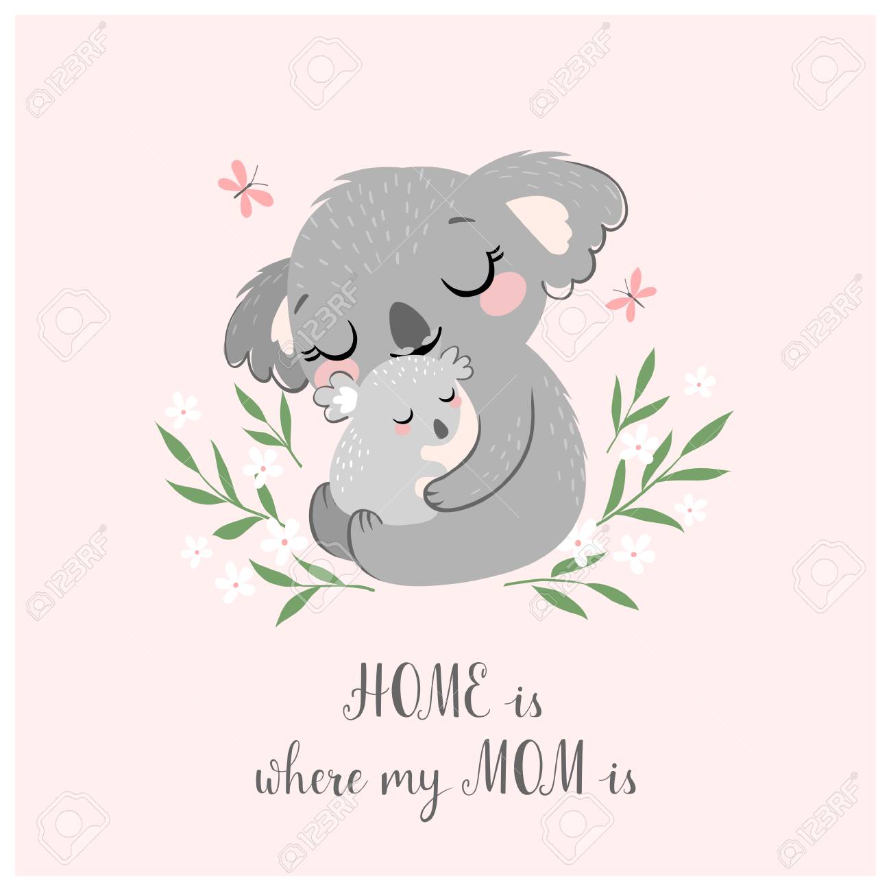Mother's day greeting card or poster with cute koala mother and baby on pink background. - 96197825 Mother's day greeting card or poster with cute koala mother and baby on pink background. - 96197825