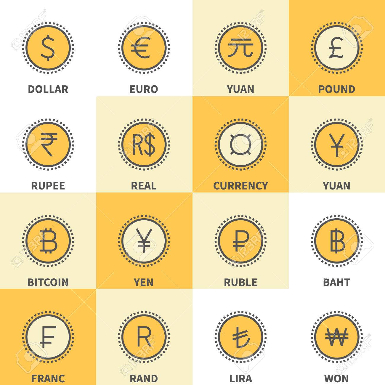 薄いライン通貨アイコン ドル ユーロ 円 元 ブラジルの実質 インドのインドルピー ロシア ルーブル トルコリラ スイスフラン 英国ポンド Bitcoin 通貨 タイバーツ 韓国ウォン 南アフリカランド のイラスト素材 ベクタ Image