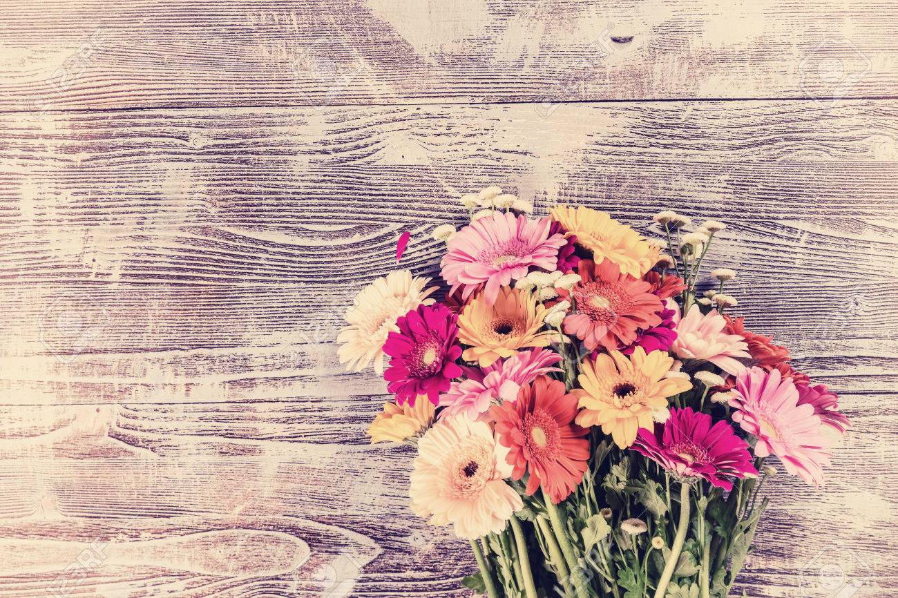 Vintage Gerbera Flowers On Rustic Background Floral Postcard Stock Photo Vintage Gerbera Flowers On Rustic Background Floral Postcard Stock Photo