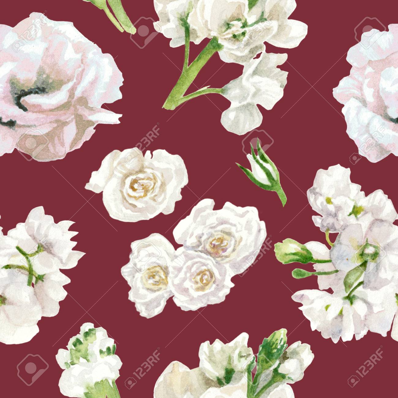 pastel colors floral pattern white roses isolated on burgundy