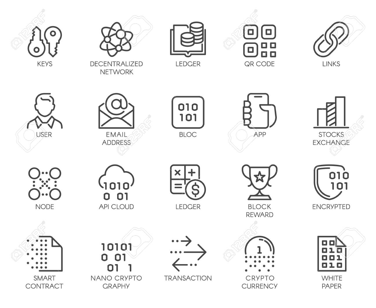 プレミアムアイコンは、ブロックチェーンシステム、暗号技術にパックします。暗号通貨、分散型ネットワークなどのラインサイン。アウトラインスタイルの Web  およびアプリケーションに設定されたカスタム ベクター アイコン。編集可能なストローク。のイラスト素材 ...