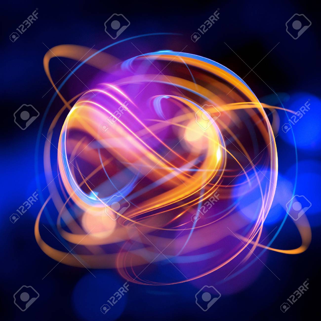 3 D の Atom アイコン 暗い背景に明るい核モデル 輝くエネルギー ボール 分子構造 原子や電子をトレースします 物理学の概念 微細な形態 原子核反応の要素 超新星 の写真素材 画像素材 Image