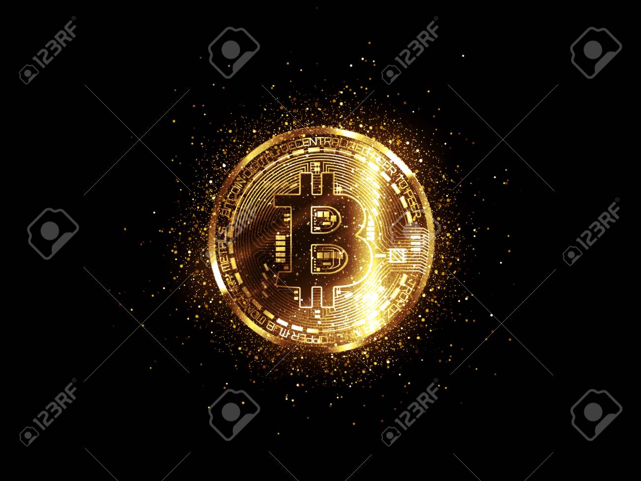 검정색 배경에 빛나는 조명이 있는 비트코인 금 비트코인 기호 동전 로열티 무료 사진, 그림, 이미지 그리고 스톡포토그래피. Image  103223166