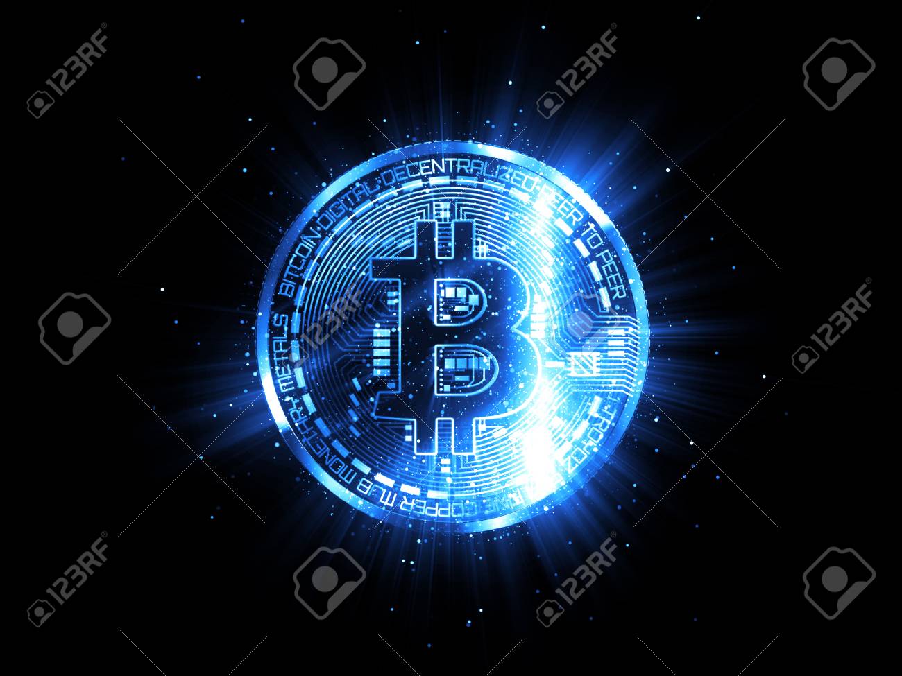 빛나는 조명이 있는 Bitcoin.Blue Bitcoin 기호입니다. 검은 배경에 동전입니다. 로열티 무료 사진, 그림, 이미지 그리고  스톡포토그래피. Image 103223168