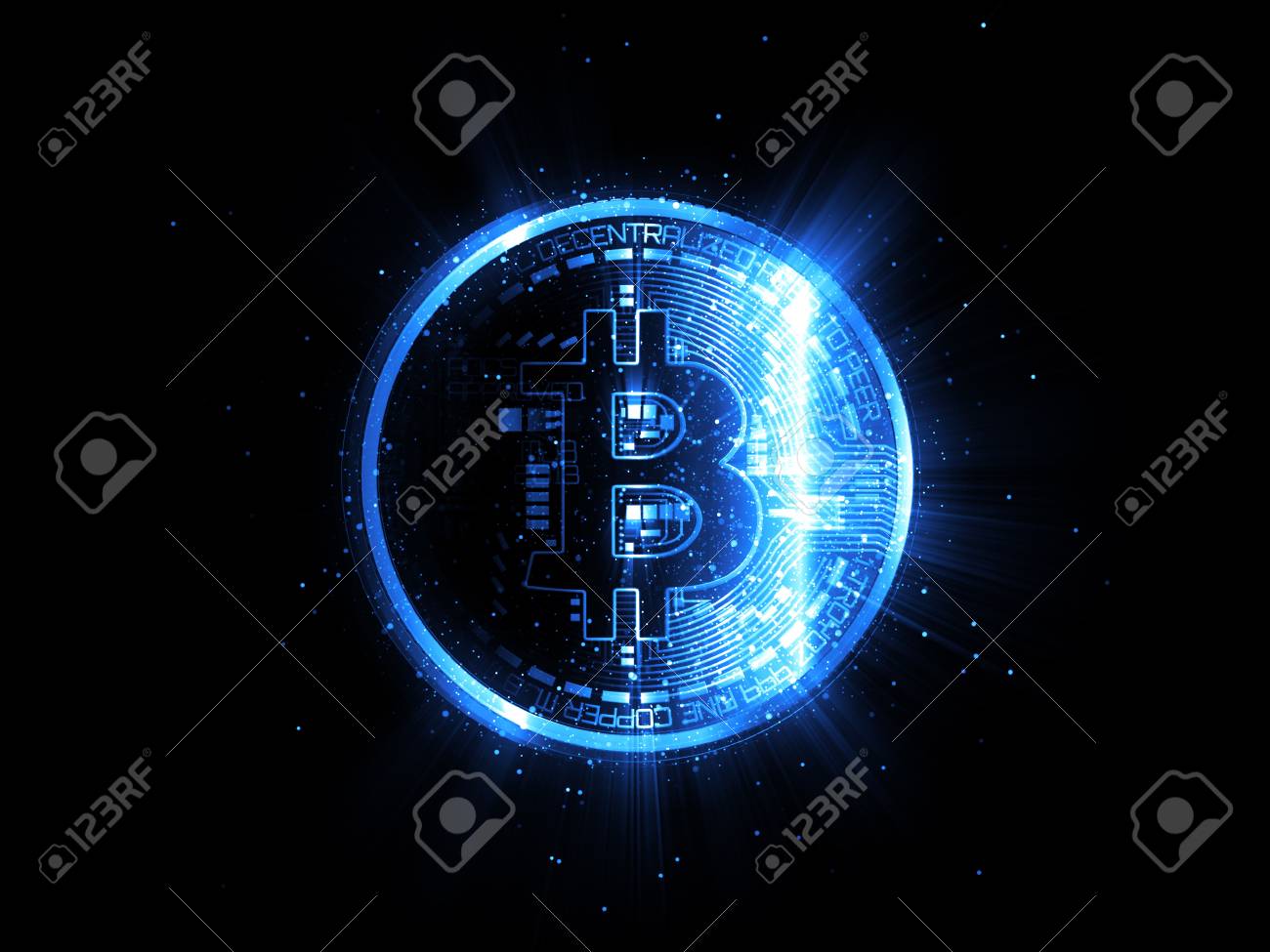 光る光をビットコイン。青いビットコインシンボル。黒の背景にコイン。の写真素材・画像素材 Image 103223358