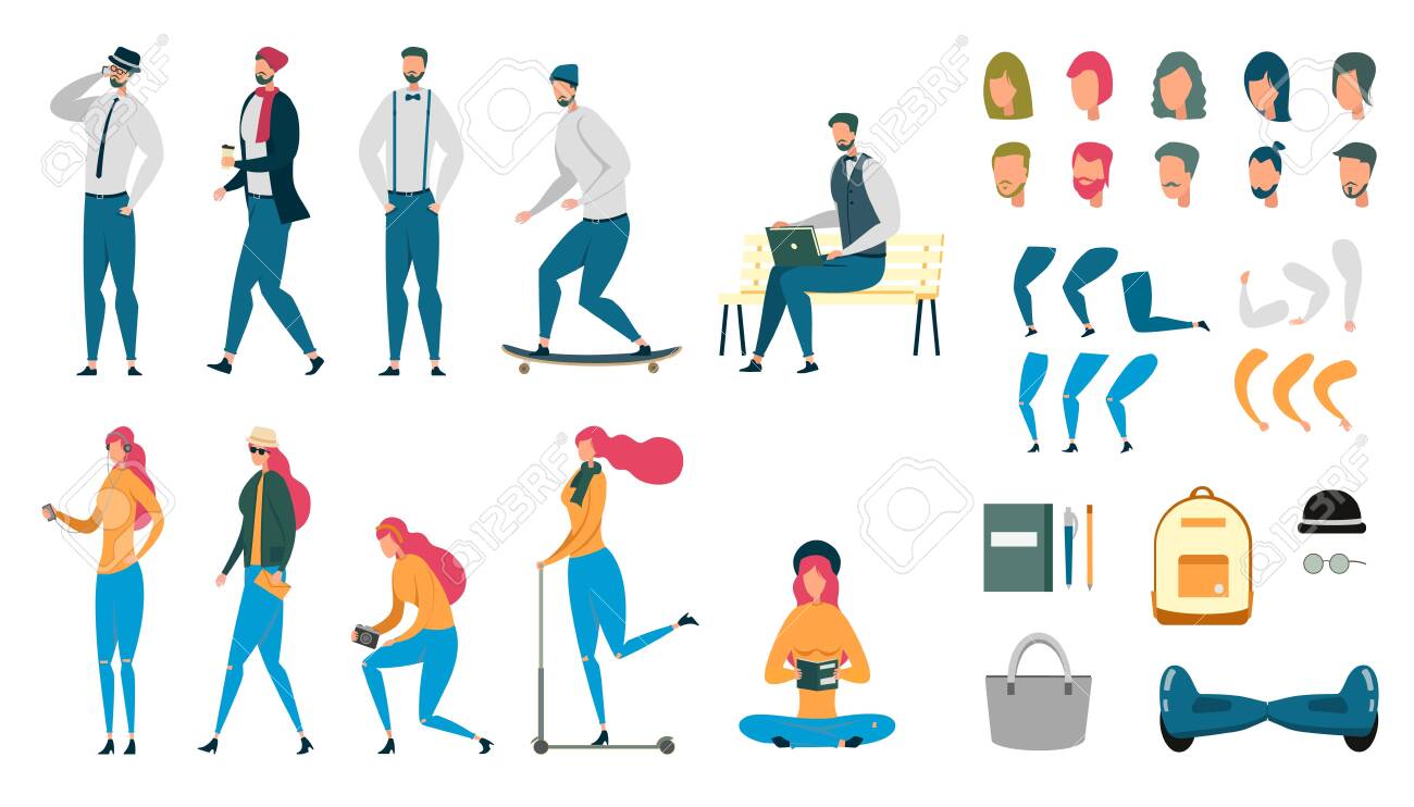 Male And Female People Animated Characters Set. Bundle Of Woman And Man Working And Resting. Students, Freelancers And Employees. Body Parts And Accessories. Vector Cartoon Flat Illustration Royalty Free SVG, Cliparts, Vectors, Male And Female People Animated Characters Set. Bundle Of Woman And Man Working And Resting. Students, Freelancers And Employees. Body Parts And Accessories. Vector Cartoon Flat Illustration Royalty Free SVG, Cliparts, Vectors,