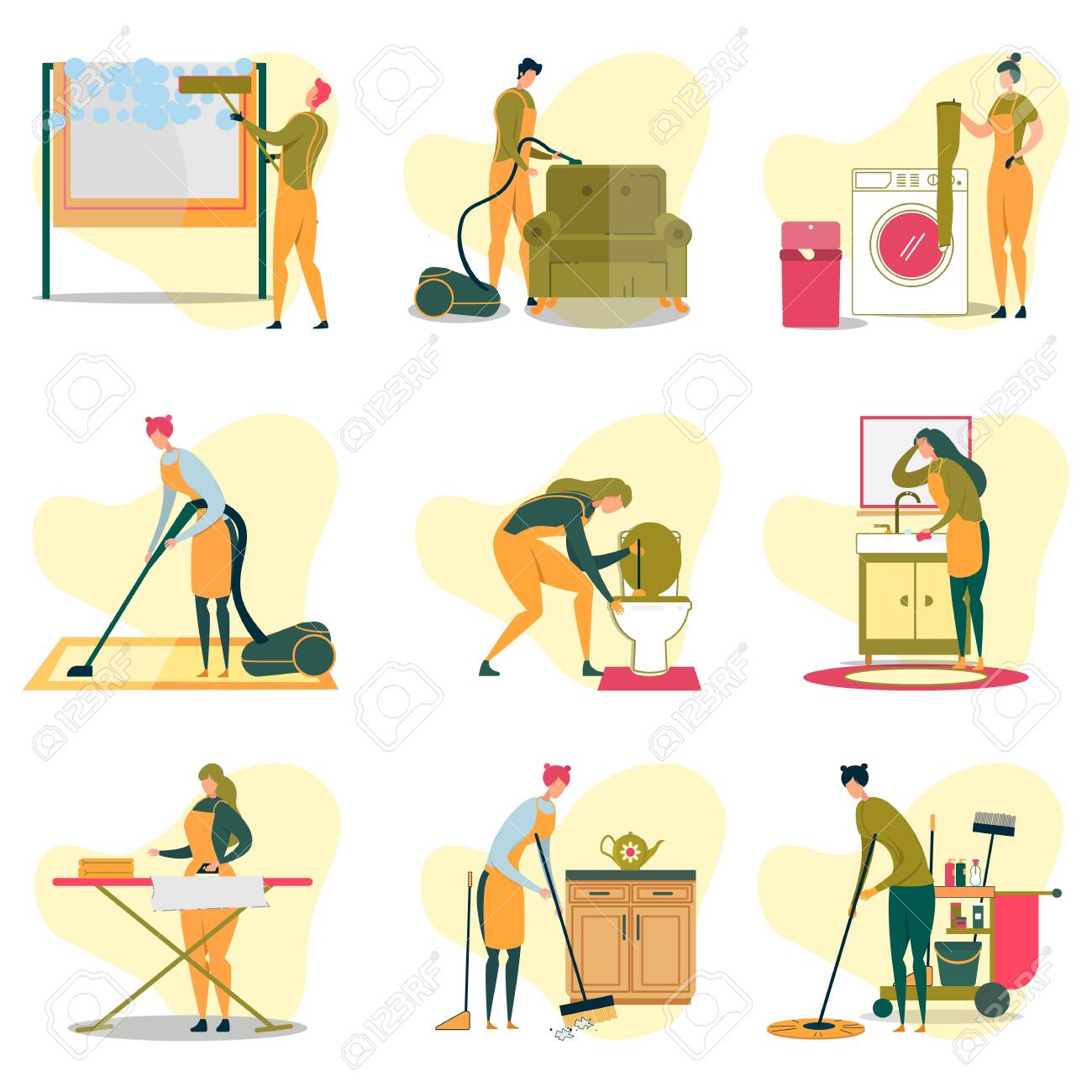 Cleaning Service Doing Different Tasks Flat Cartoon Vector Illustration.  Man Cleaning Window, Vacuuming Sofa, Women Washing Clothes, Cleaning Toilet  With Plunger, Wiping Sink, Ironing And Sweeping. Royalty Free SVG, Cliparts,  Vectors, and, image size:1300x1300