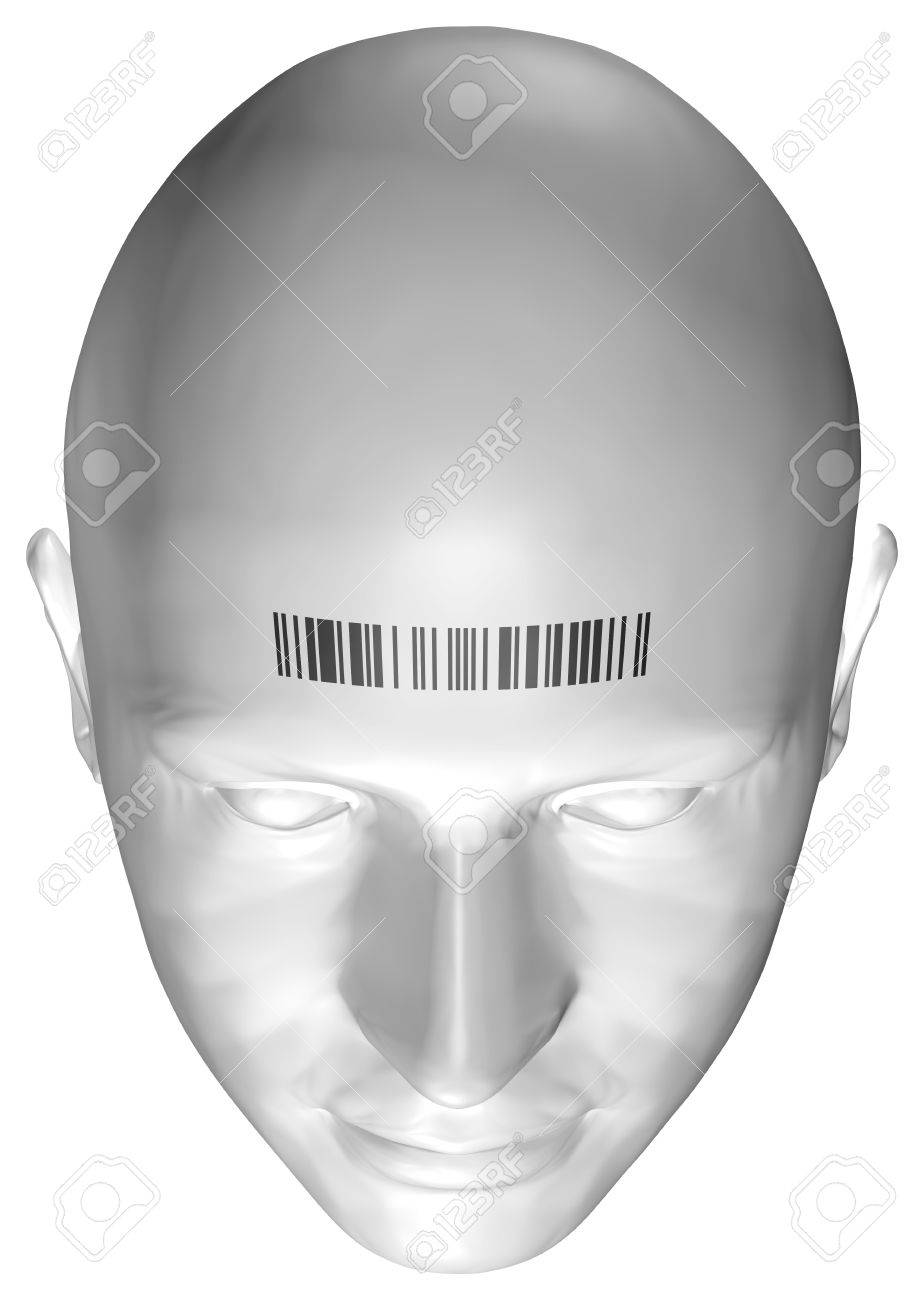 3 D レンダラ 白い背景の上のバーコードのスタンプを持つ頭部の クリッピング パス の写真素材 画像素材 Image
