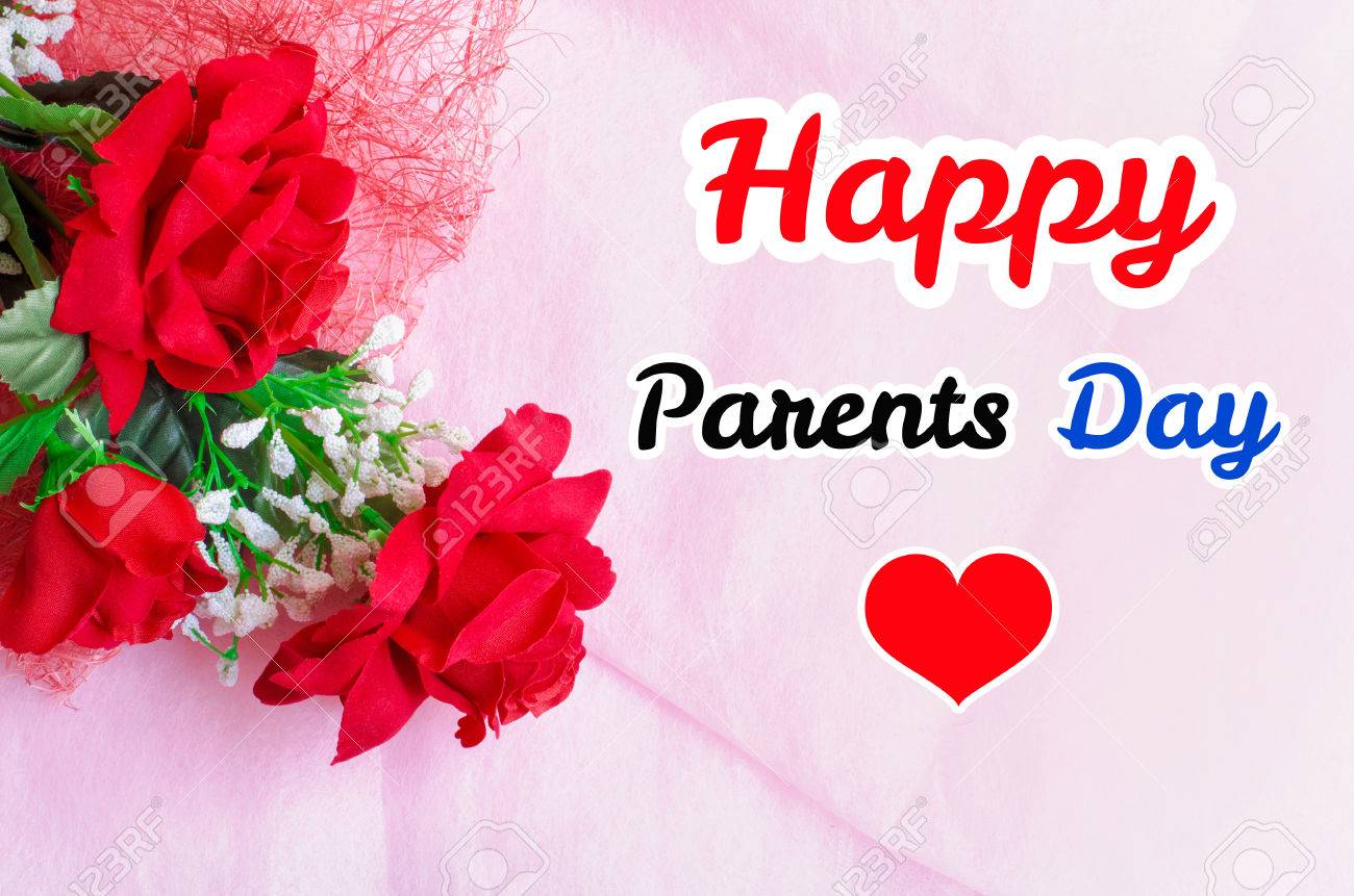 Artificial Red Rose Bouquet On Pink Background With Happy Parents ...