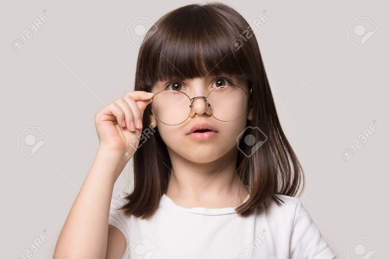 Funny Little Girl Lowering Glasses With Round Big Spectacle Frame