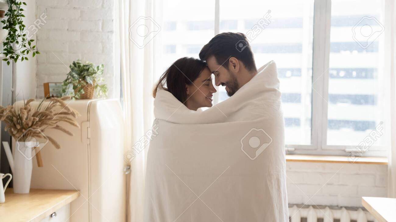 Wife Stand Hugging Cuddling Wrapped