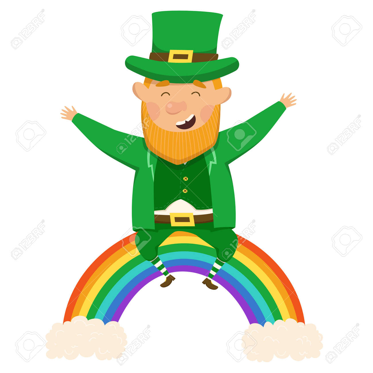 Cheerful And Happy Leperchaun Sits On A Colorful Rainbow. St.Patrick's Day.  Vector Illustration On A White Background. Red-haired Leprechaun In A Green  National Costume Royalty Free SVG, Cliparts, Vectors, and Stock  Illustration., image size:1300x1300