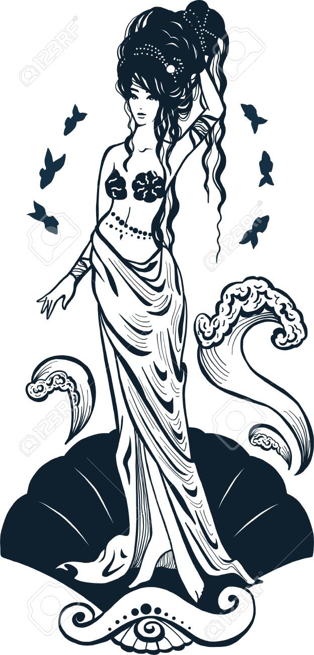 Silhouette Goddess Aphrodite Standing On The Seashell Isolated