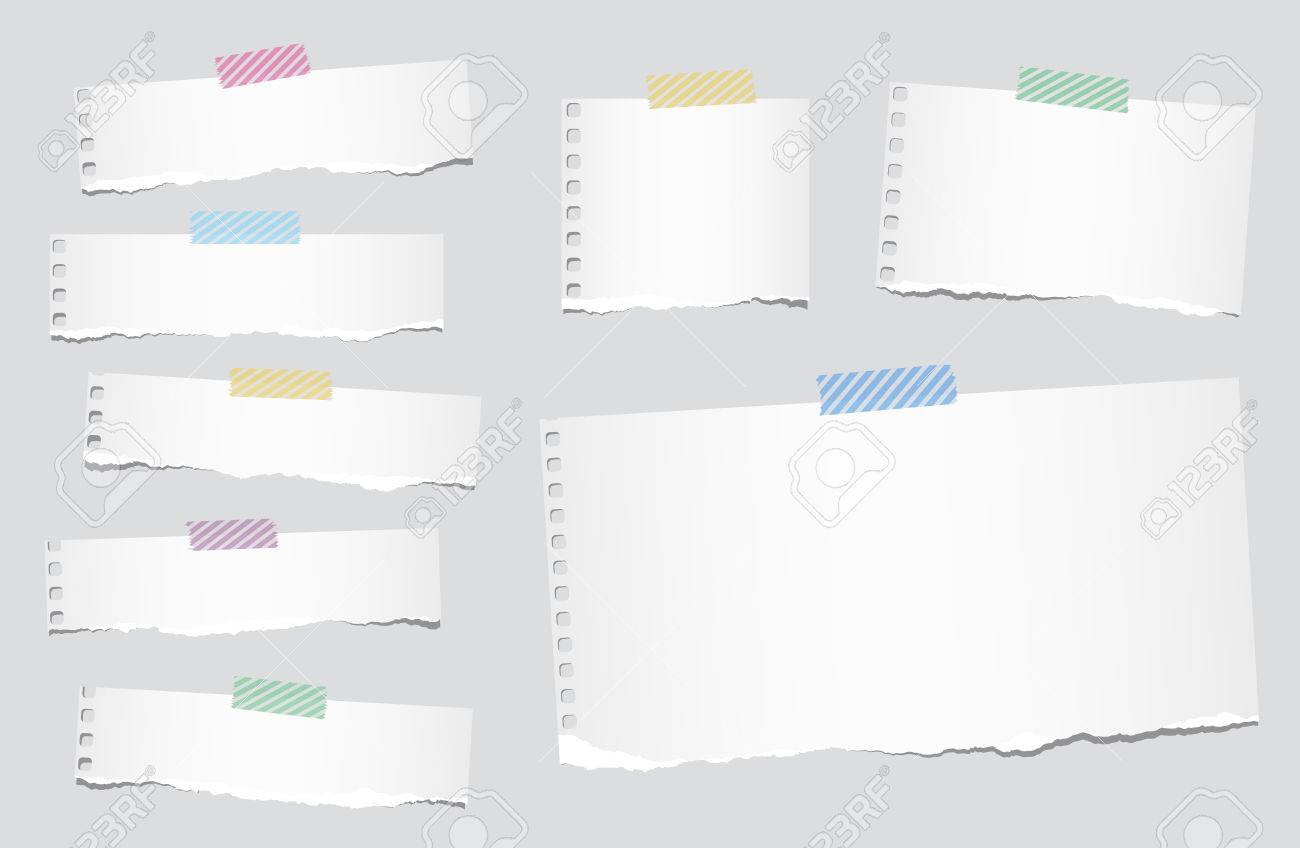 Pieces Of Ripped White Blank Notebook Paper Are Stuck With Striped Sticky  Tape On Gray Background. Royalty Free SVG, Cliparts, Vectors, And Stock  Illustration. Image 61260379.
