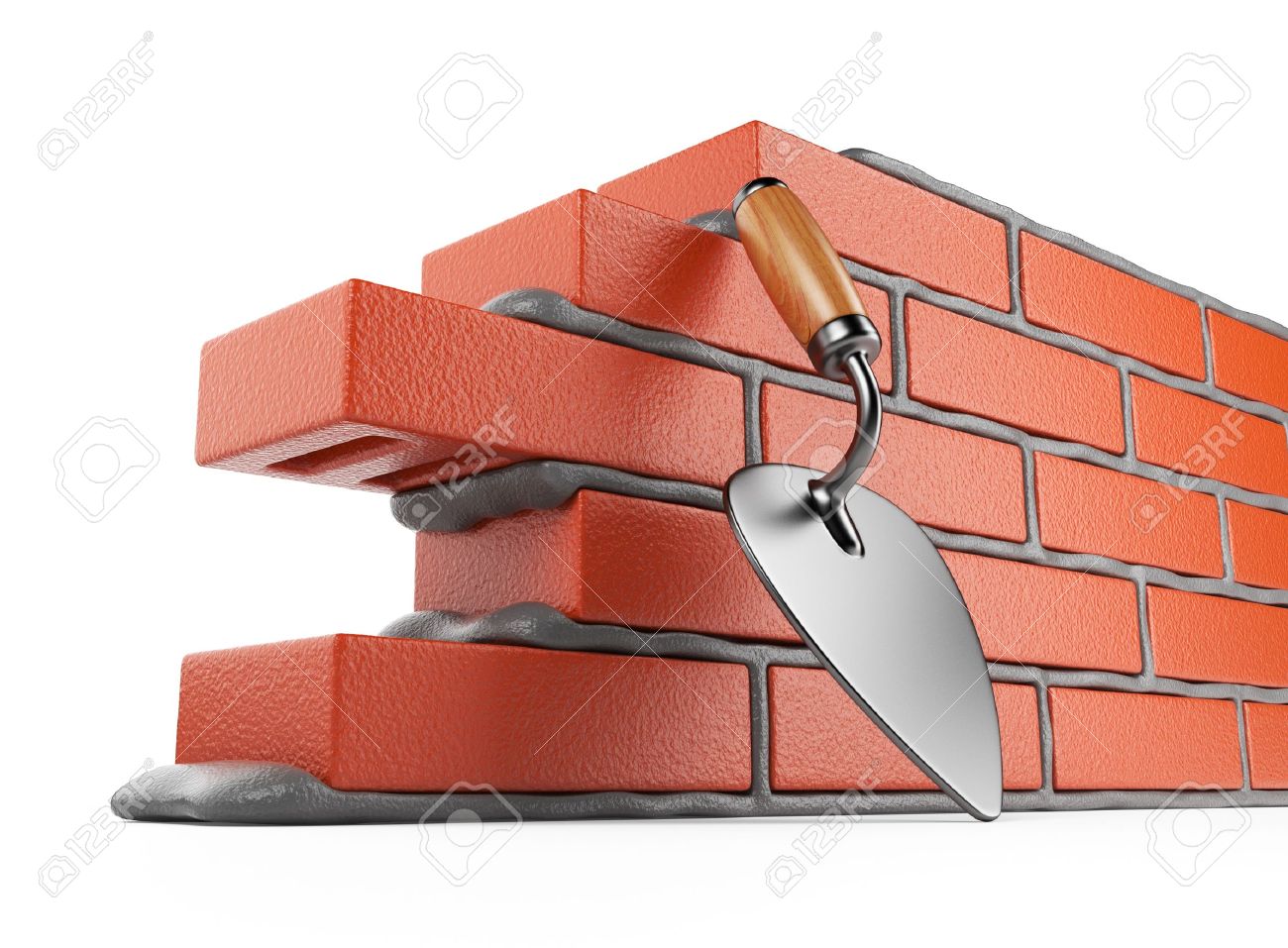 Trowel and bricks wall 3D Work place Isolated on white background - 14099028 Trowel and bricks wall 3D Work place Isolated on white background - 14099028