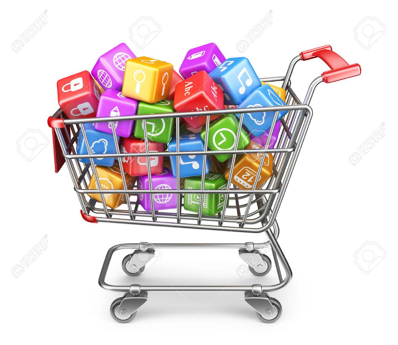 Shopping cart with app icons. 3D Isolated on white background - 24517656 Shopping cart with app icons. 3D Isolated on white background - 24517656