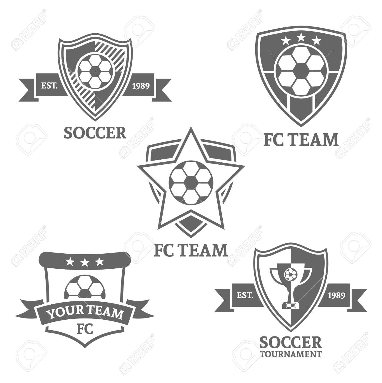 白の背景にサッカーチームのためのモノクロベクトルエンブレムのセットのイラスト素材 ベクタ Image 白の背景にサッカーチームのためのモノクロベクトルエンブレムのセットのイラスト素材 ベクタ Image