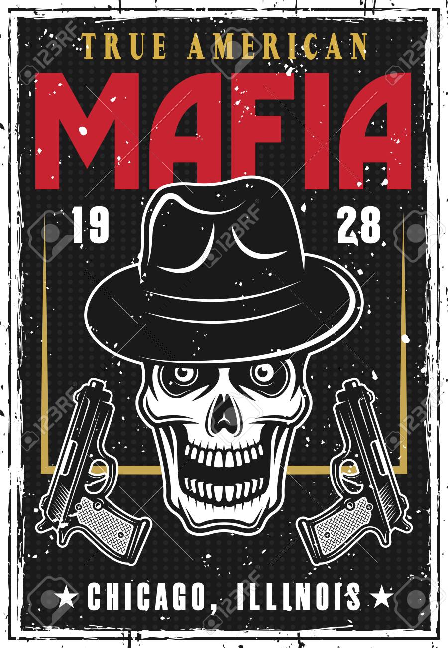 帽子に盗賊の頭蓋骨と暗い背景に2つの銃を持つマフィアとギャングのポスター のイラスト素材 ベクタ Image