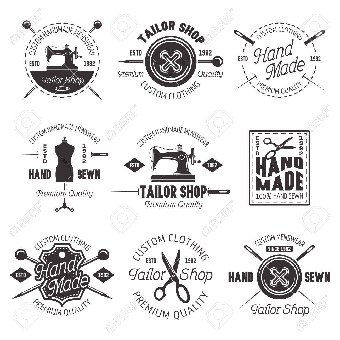 Tailor shop set of vector black emblems, labels and badges isolated on white background - 102651884 Tailor shop set of vector black emblems, labels and badges isolated on white background - 102651884