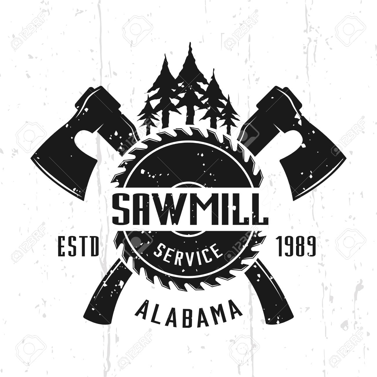 Sawmill Service And Woodworks Monochrome Vector Emblem, Badge, Label Or  Logo In Vintage Style Isolated On Background With Removable Textures  Royalty Free SVG, Cliparts, Vectors, and Stock Illustration. Image  123176662., image size:1300x1300
